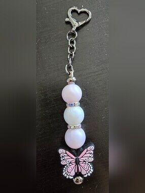 Pink Butterfly Bead Keychain with Heart Clasp - Women's Key & Card Holder